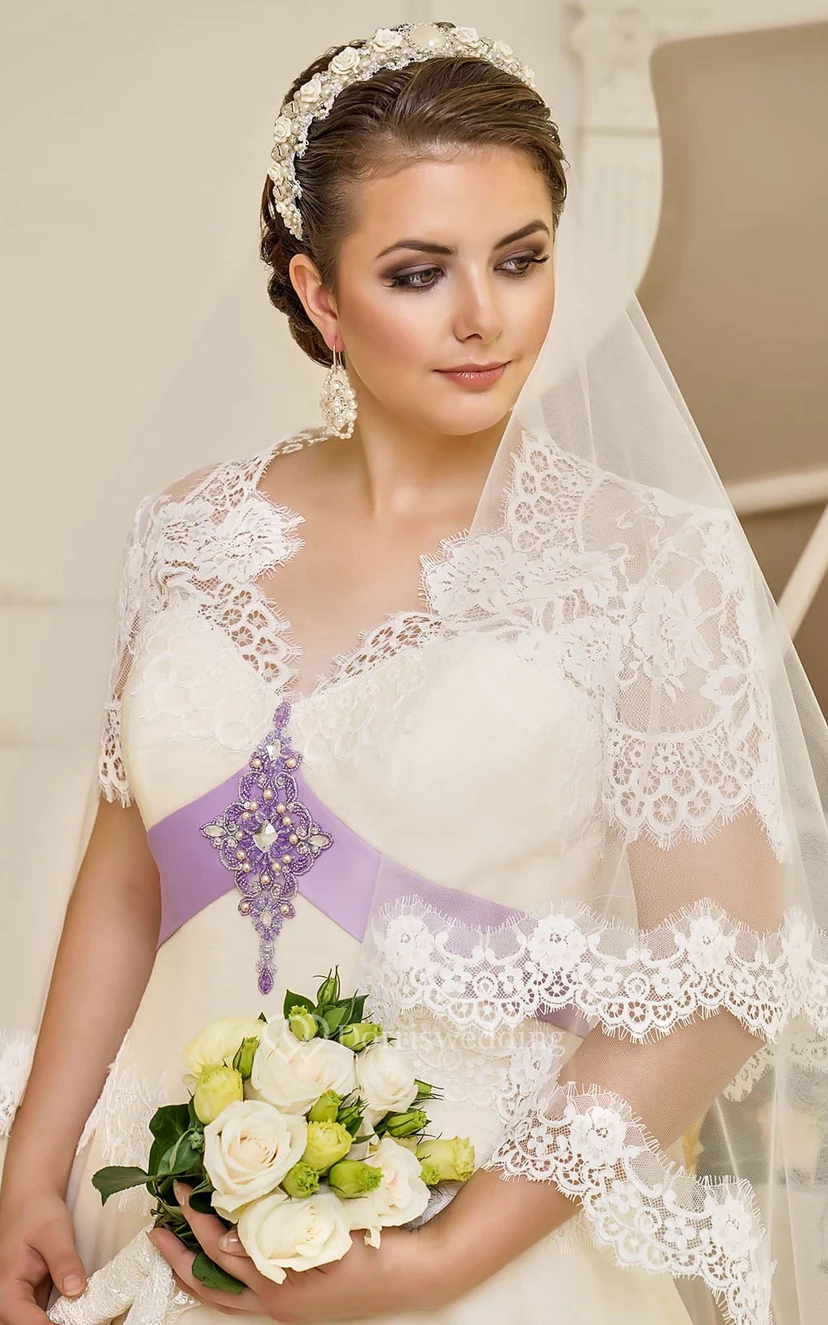 A-Line Floor-Length V-Neck Cap-Sleeve Corset-Back Lace Dress With Beading And Sash view 2