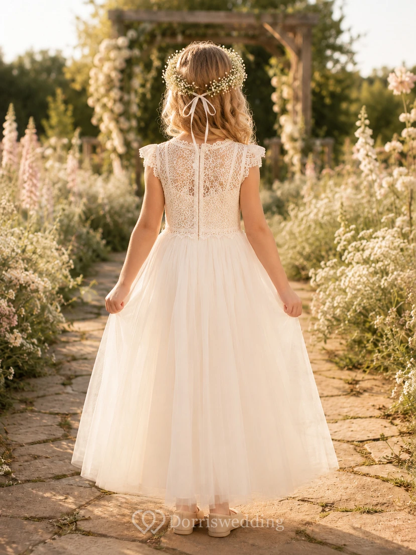 Blumenmädchenkleid aus elfenbeinfarbener Spitze und Tüll, A-Linie, kurze Ärmel, Rundhalsausschnitt, Teelänge, Schärpendetails view 2