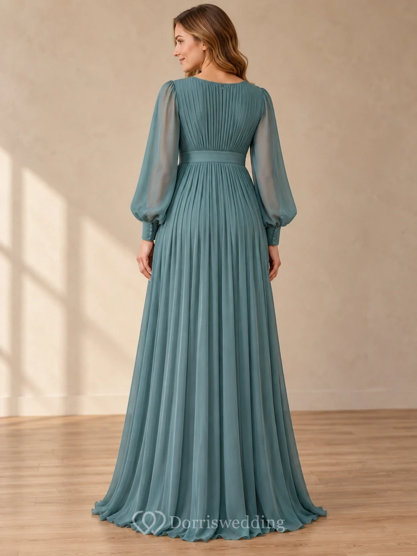 Maternity Long Sleeve Modest Spa Jewel Neck Pleated Chiffon Gown view 2