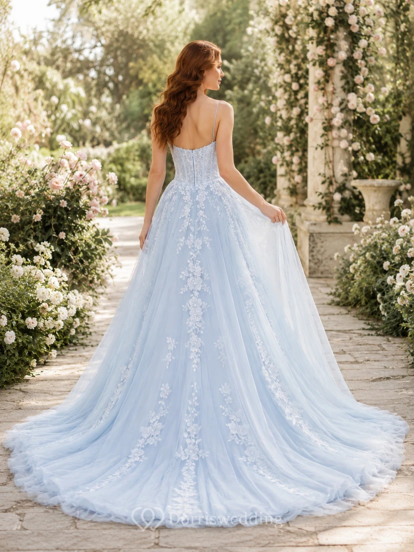 Sky Blue Sweetheart Lace Corset Tulle Ball Gown Wedding Dress view 2