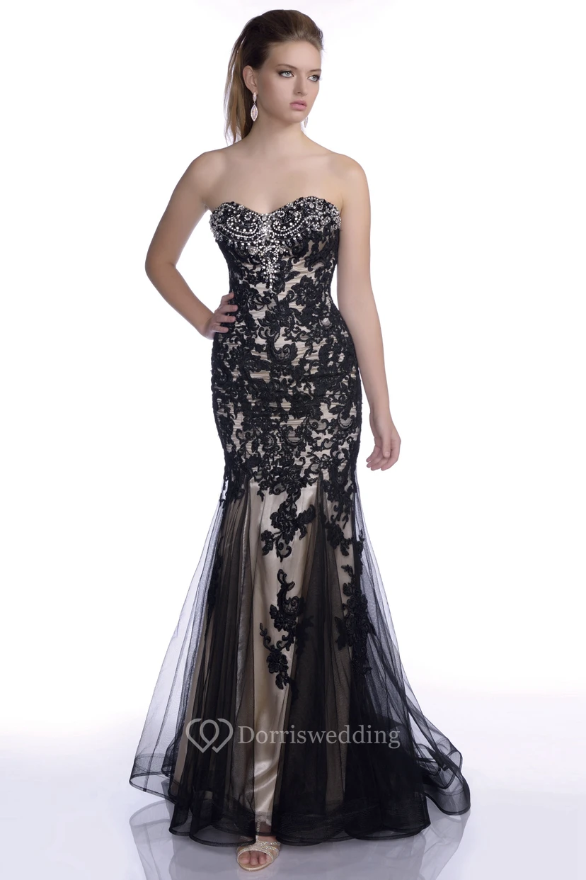 Sweetheart Mermaid Tulle Prom Dress With Lace Appliques And Jeweled Bust view 3
