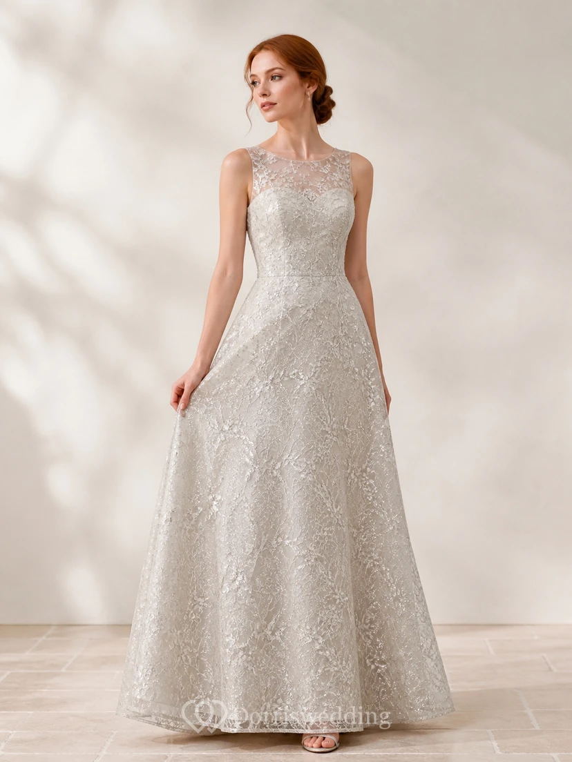 Modest Silver A-Line High Neck Glitter Lace Floor-length Evening Dress