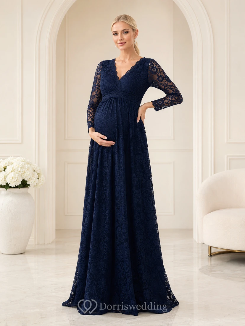 Elegantes, formelles Umstandskleid aus Spitze in Dunkelblau mit Empire-Schnitt, bodenlang, V-Ausschnitt und langen Ärmeln – ein schlichtes und elegantes Kleid für Gästeempfänge.