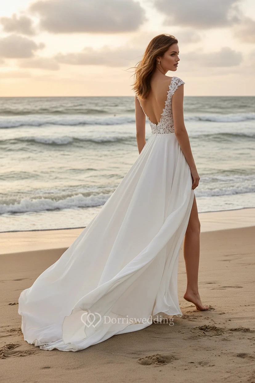 Empire Beach Slit Wedding Dress with Lace and Chiffon view 2