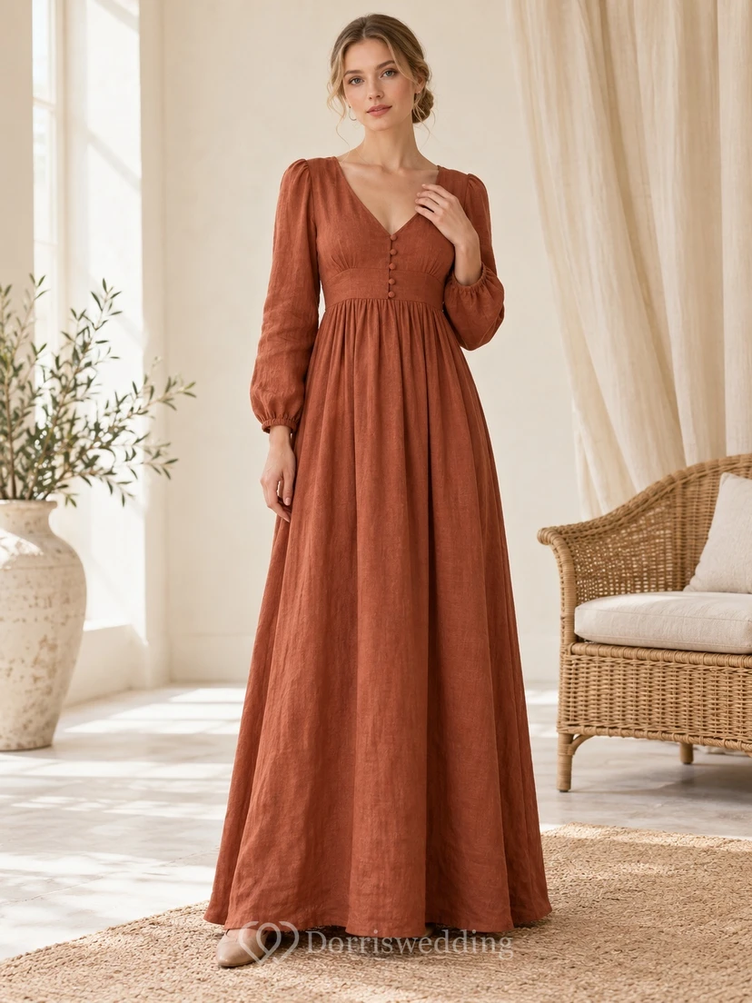 Robe décontractée orange style Régence, col en V, manches longues, coupe empire, longueur au sol