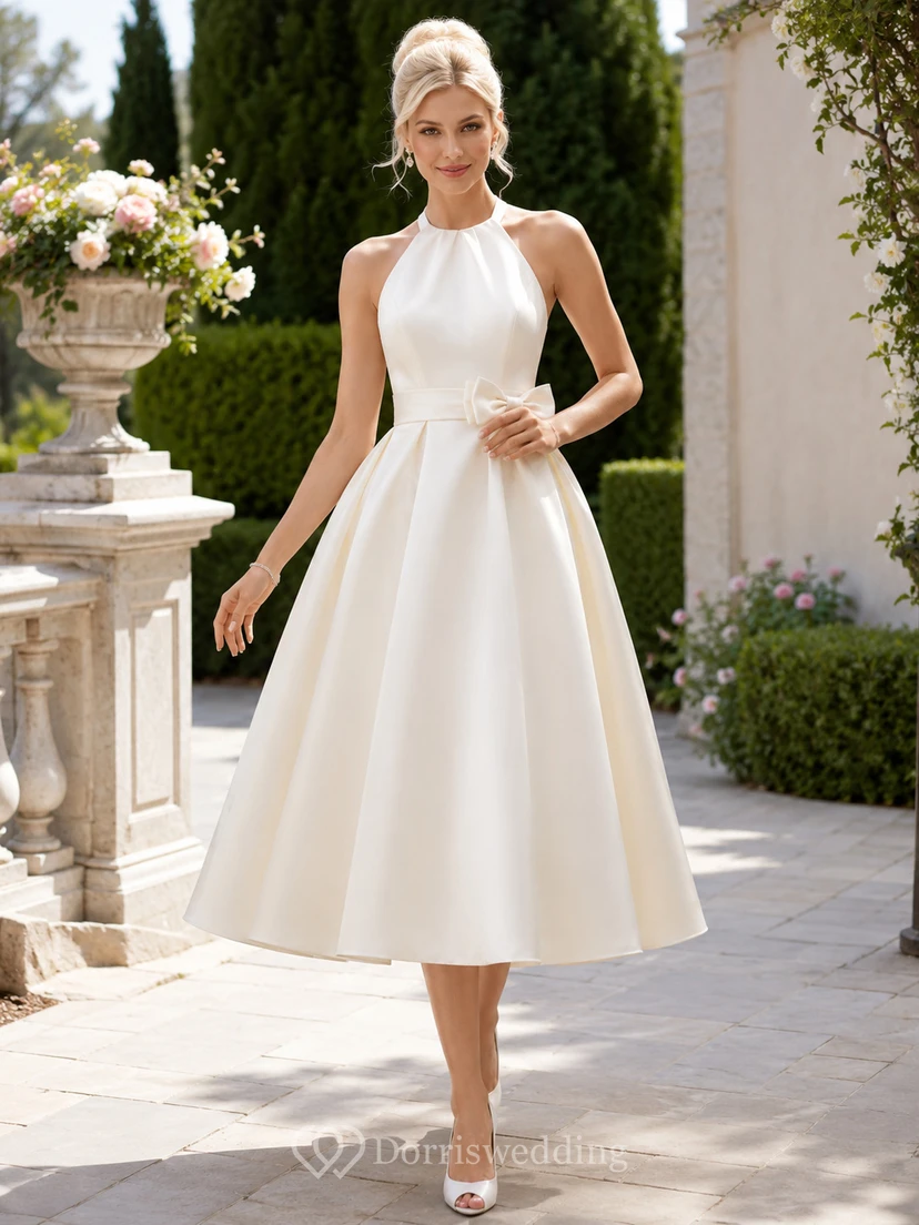 Robe de mariée vintage en satin, dos nu, col montant, coupe trapèze, longueur thé, col licou