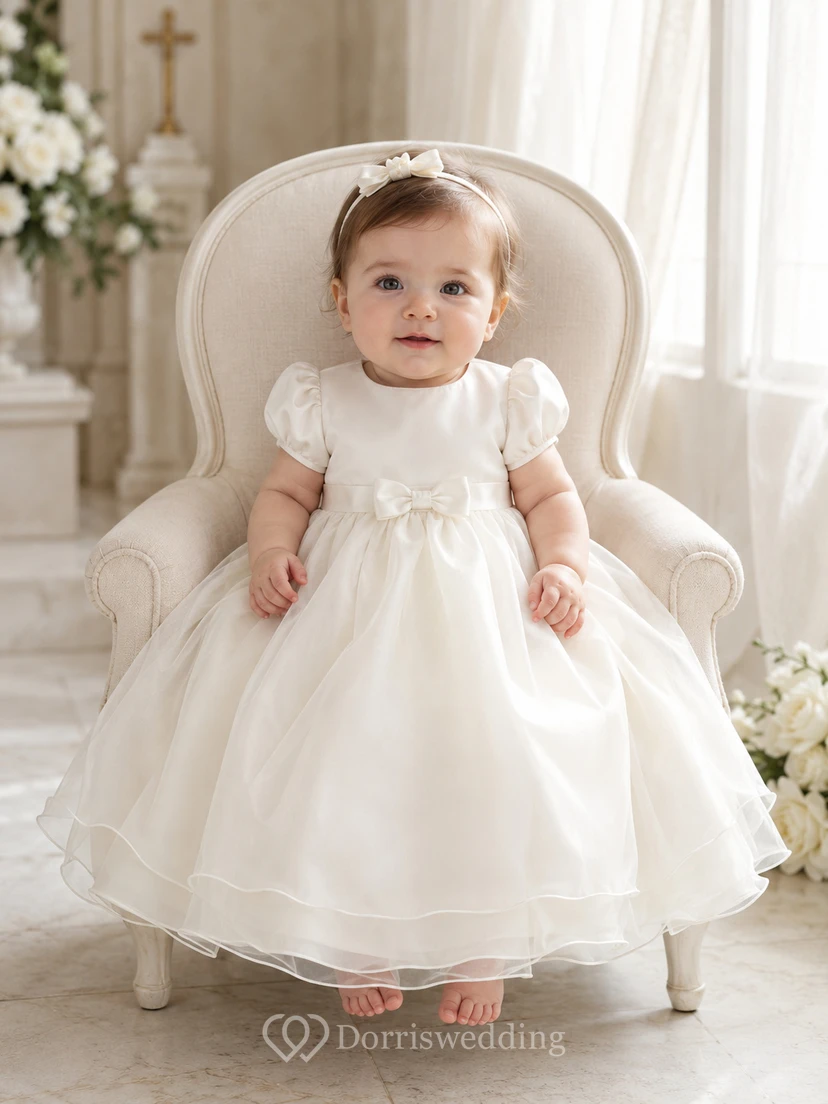 Satin Bodice Organza Skirt Baby Baptism A-Line Puff Sleeve Dress Simple