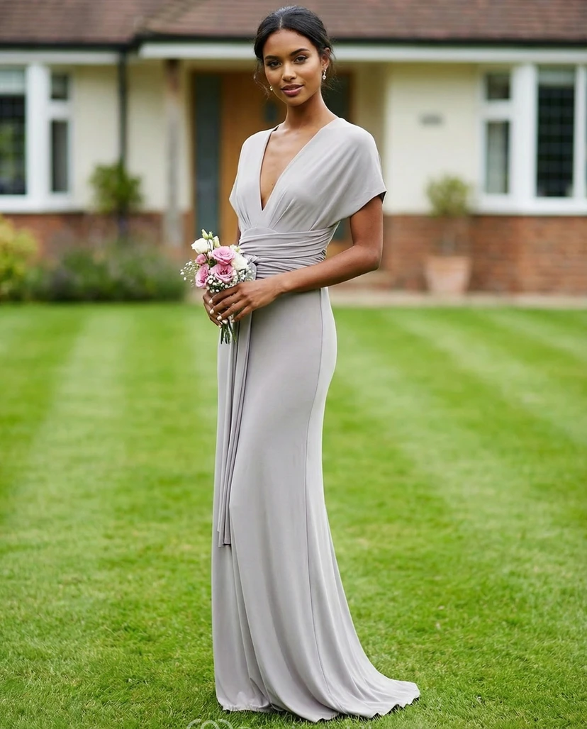 Flowy Grecian Chiffon V-Neck Bridesmaid Dress view 2