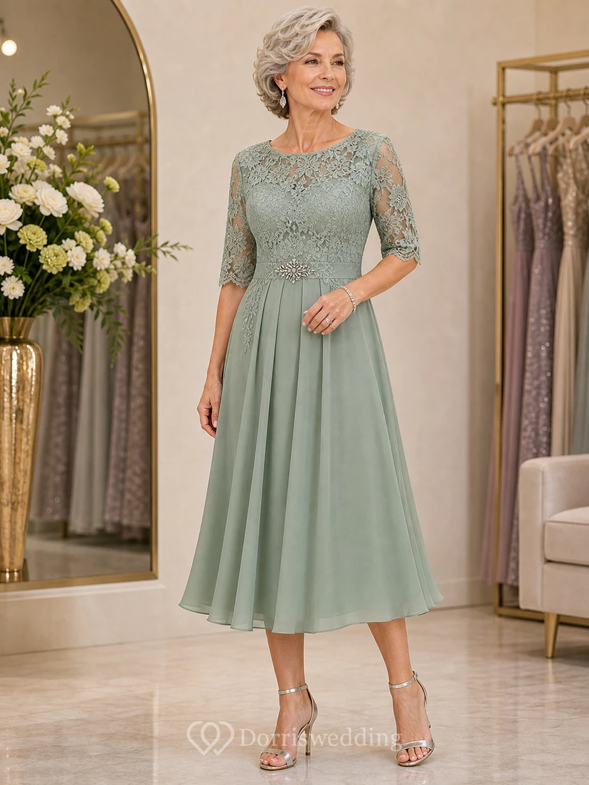 Sage Tea Length Crystal Brooch Mother Dress Sage Bateau Jewel A-Line Tea-length view 5