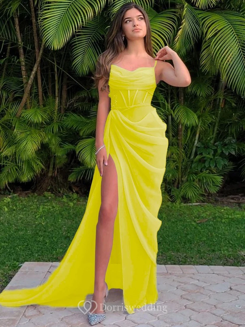 Spaghetti Ruched Sexy Front Split Sheath Side-ruched Prom Dress view 25