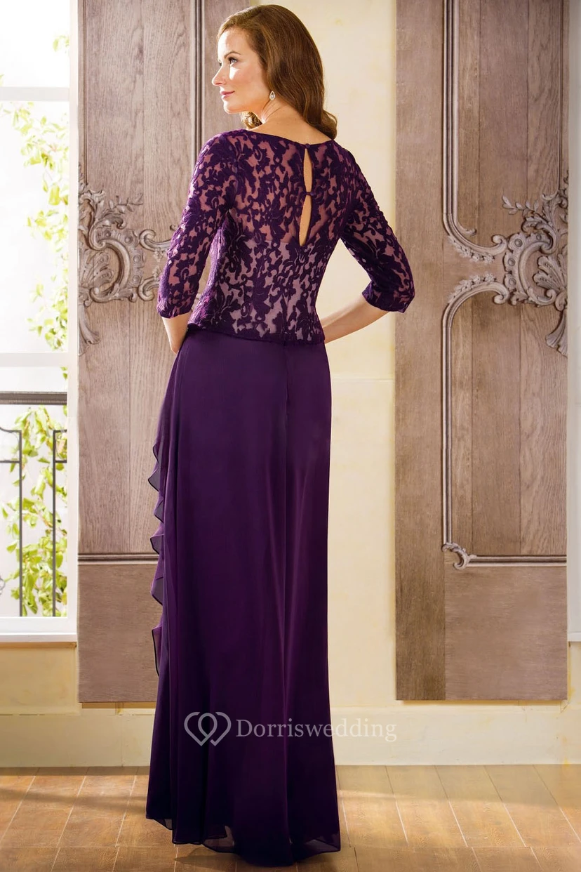 3-4 Sleeved Long Mother Of The Bride Dress With Lace And Keyhole Back view 2