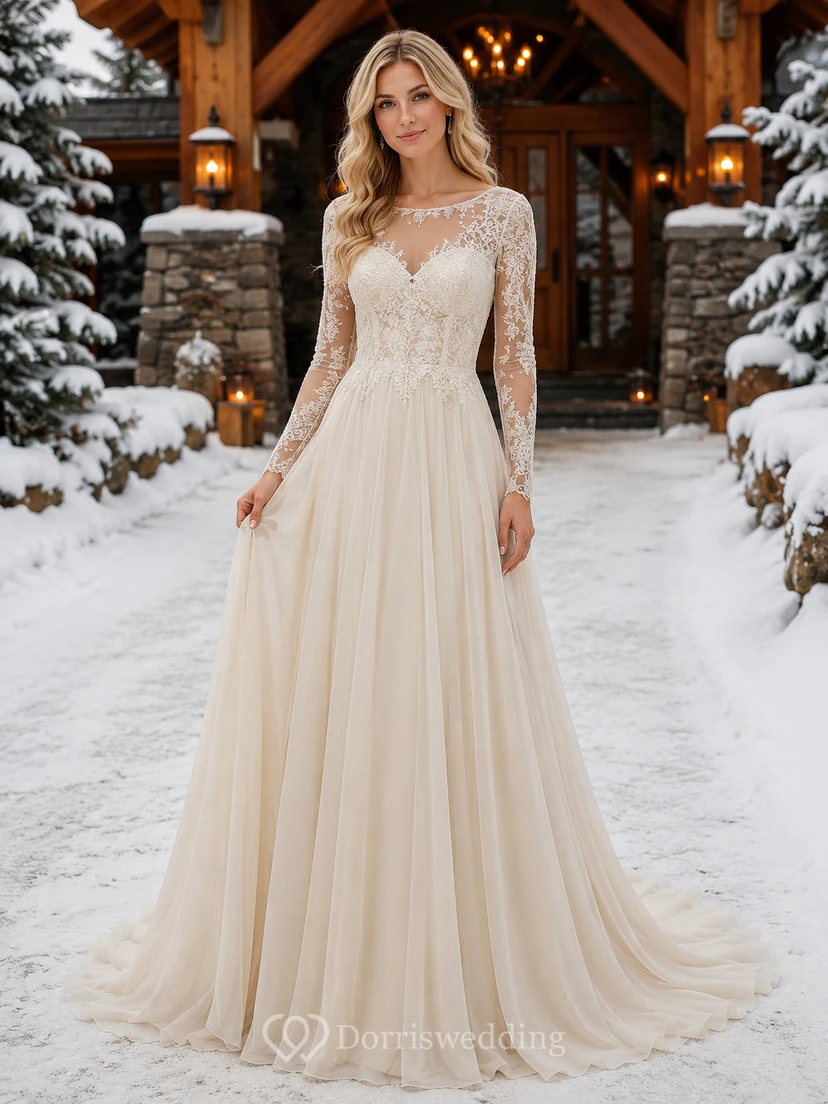 Champagnerfarbenes, langärmeliges A-Linien-Spitzenkleid im Lodge-Stil