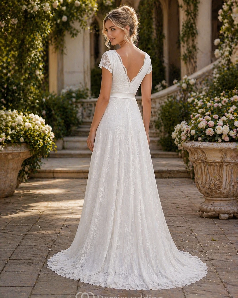 A Line Garden Cap Short Sleeve Wedding Dress view 2