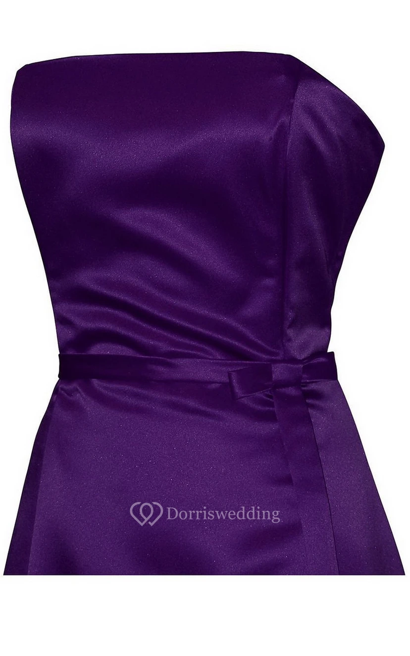 Strapless Long Satin Dress With Sash and Ruching view 2