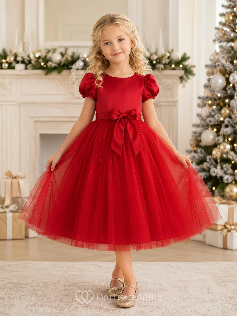 Red Puff Sleeve Tulle Tea-Length A-Line Bow Formal Winter Flower Girl Dress