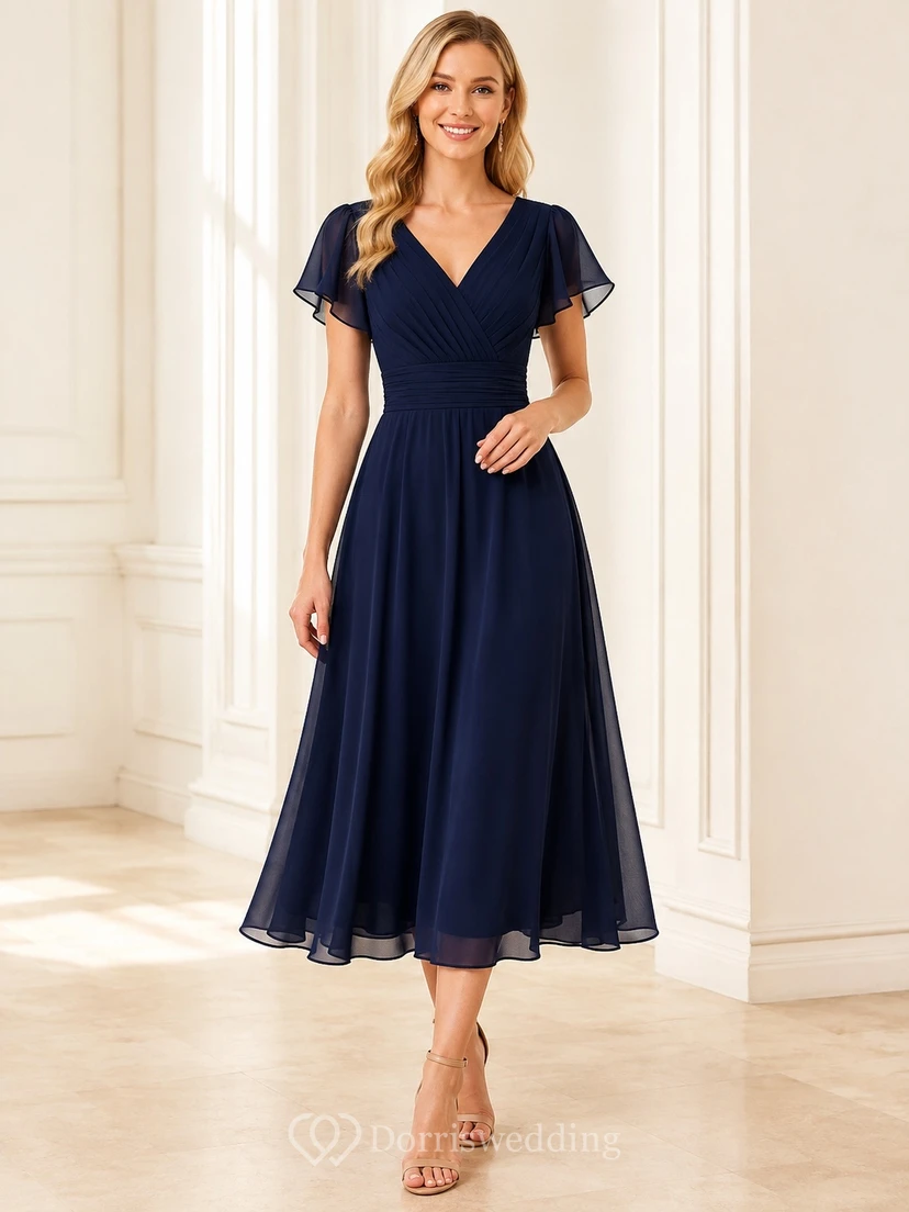 Navy V-Neck Short Sleeve Chiffon A-Line Tea-length Flutter Garden Dress
