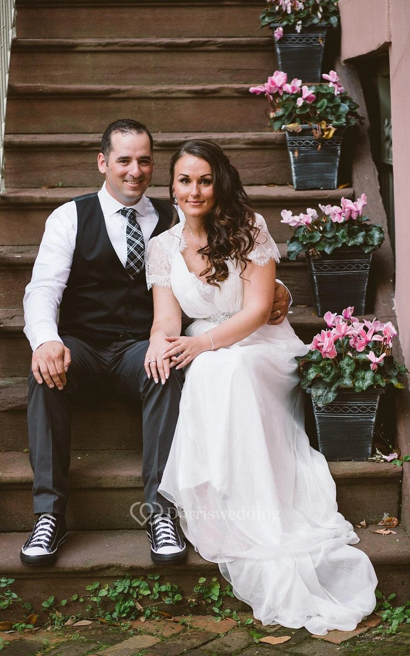 V-Neck Long Chiffon Wedding Dress With Sash And Crystal Detailing
