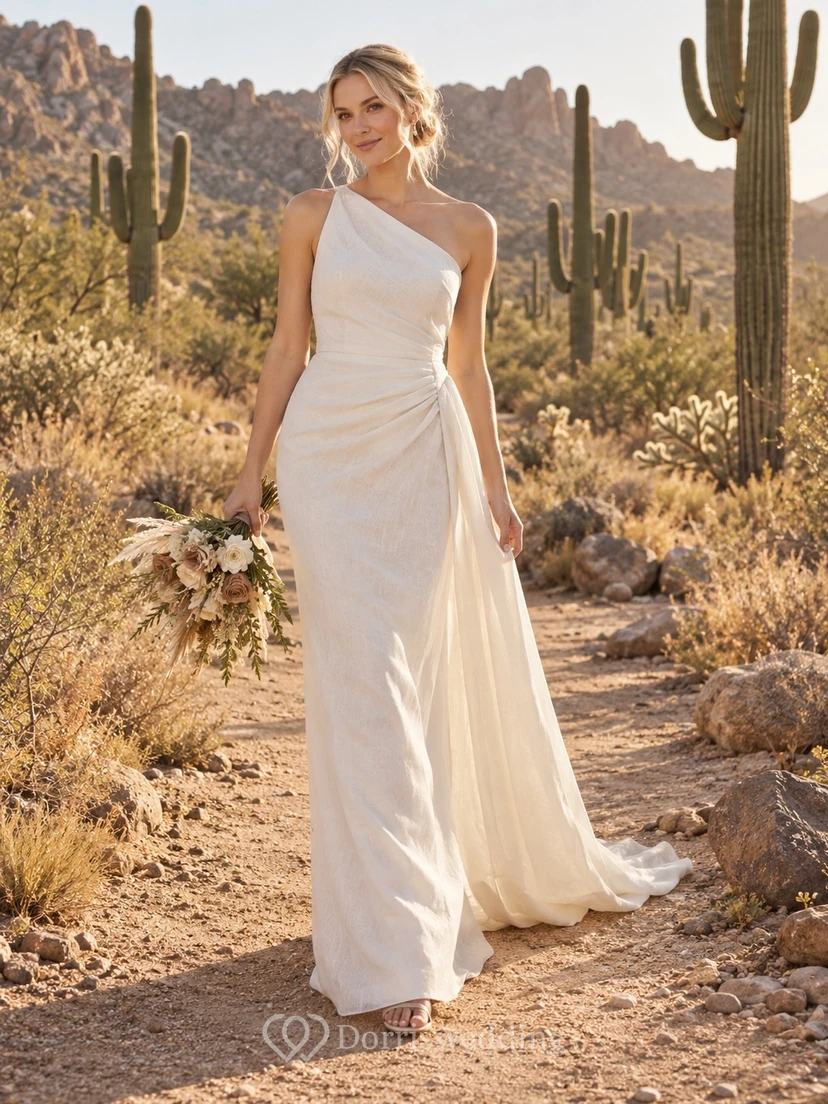 Vestido de novia largo hasta el suelo, sencillo, asimétrico, de un solo hombro, sin mangas, de mezcla de lino con drapeado.