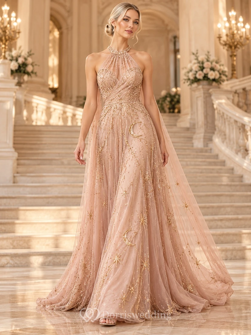 Blush Celestial Halter Beaded Cape Back Flowing Evening Gown