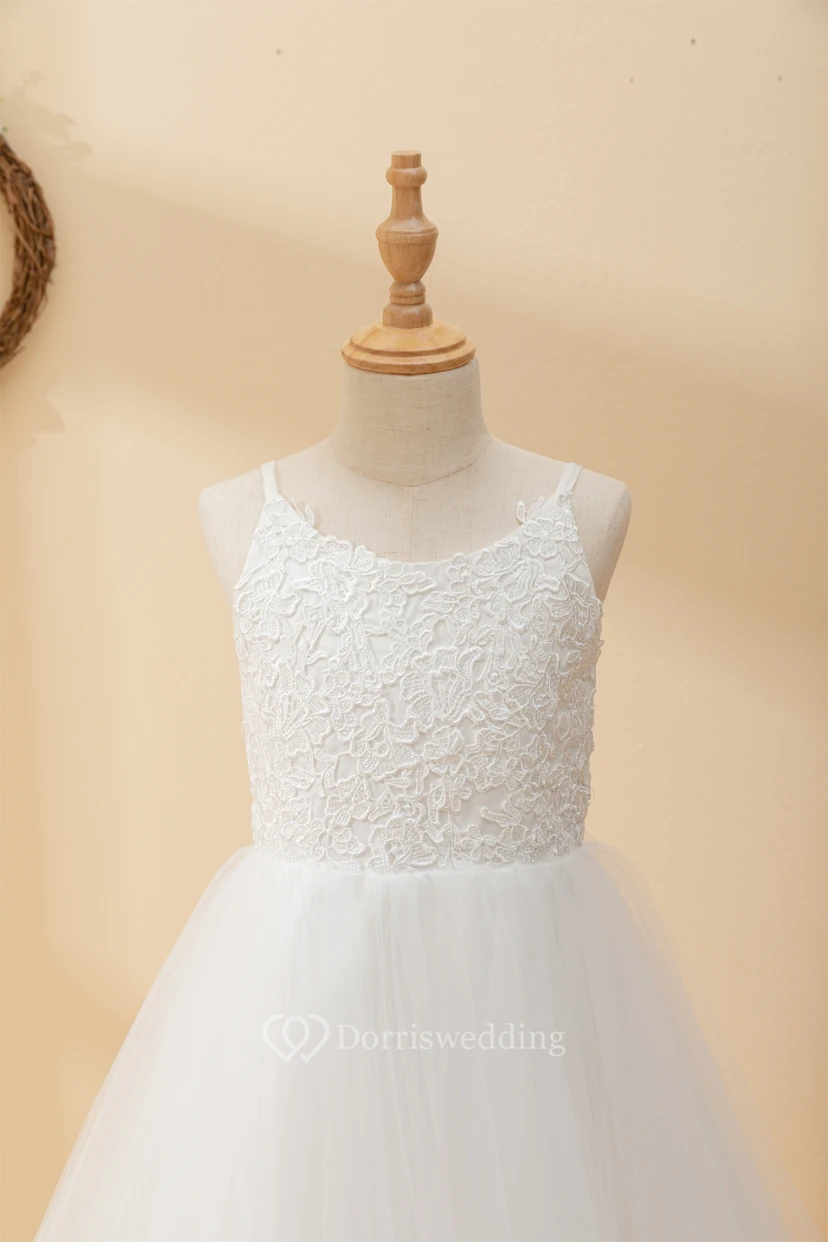 Casual Spaghetti Lace Top A-line Flowergirl Dress with Tulle Skirt view 3