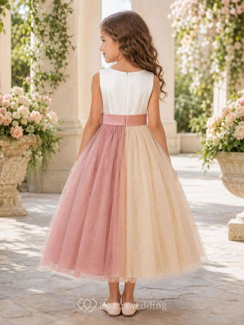 Blushing Pink Color Block A-Line Tulle Flower Girl Dress, Sleeveless Jewel Neck, Ribbon Bow, Tea-Length Garden view 2