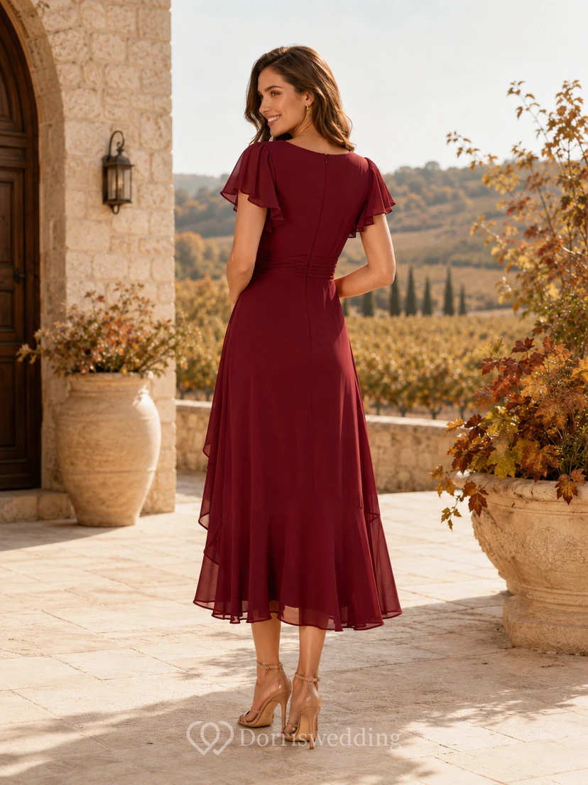 Robe midi asymétrique en mousseline bordeaux à col V et manches papillon, idéale pour un mariage view 2