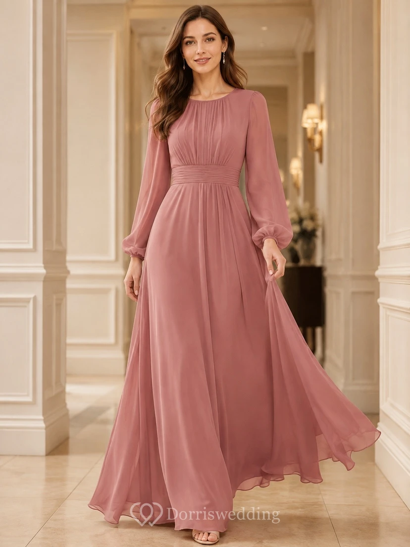 Dusty Rose Chiffon V-Neck Poet Sleeve A-Line Evening Gown