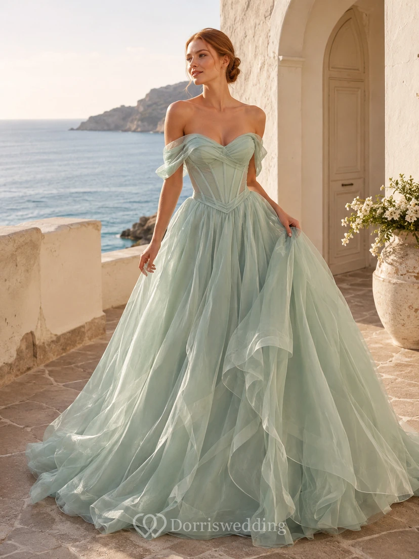 Mint Green Off Shoulder Corset Tiered Organza Ball Gown Wedding Dress
