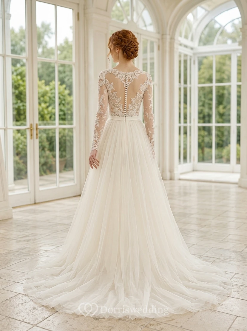 White Lace Long Sleeve Bridal Jumpsuit with Sweep Train view 2