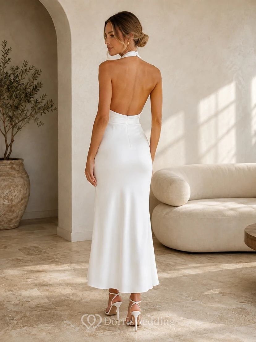 White Cowl Halter Sleeveless Sheath Tea-Length Split Backless Modern Resort Dress view 2