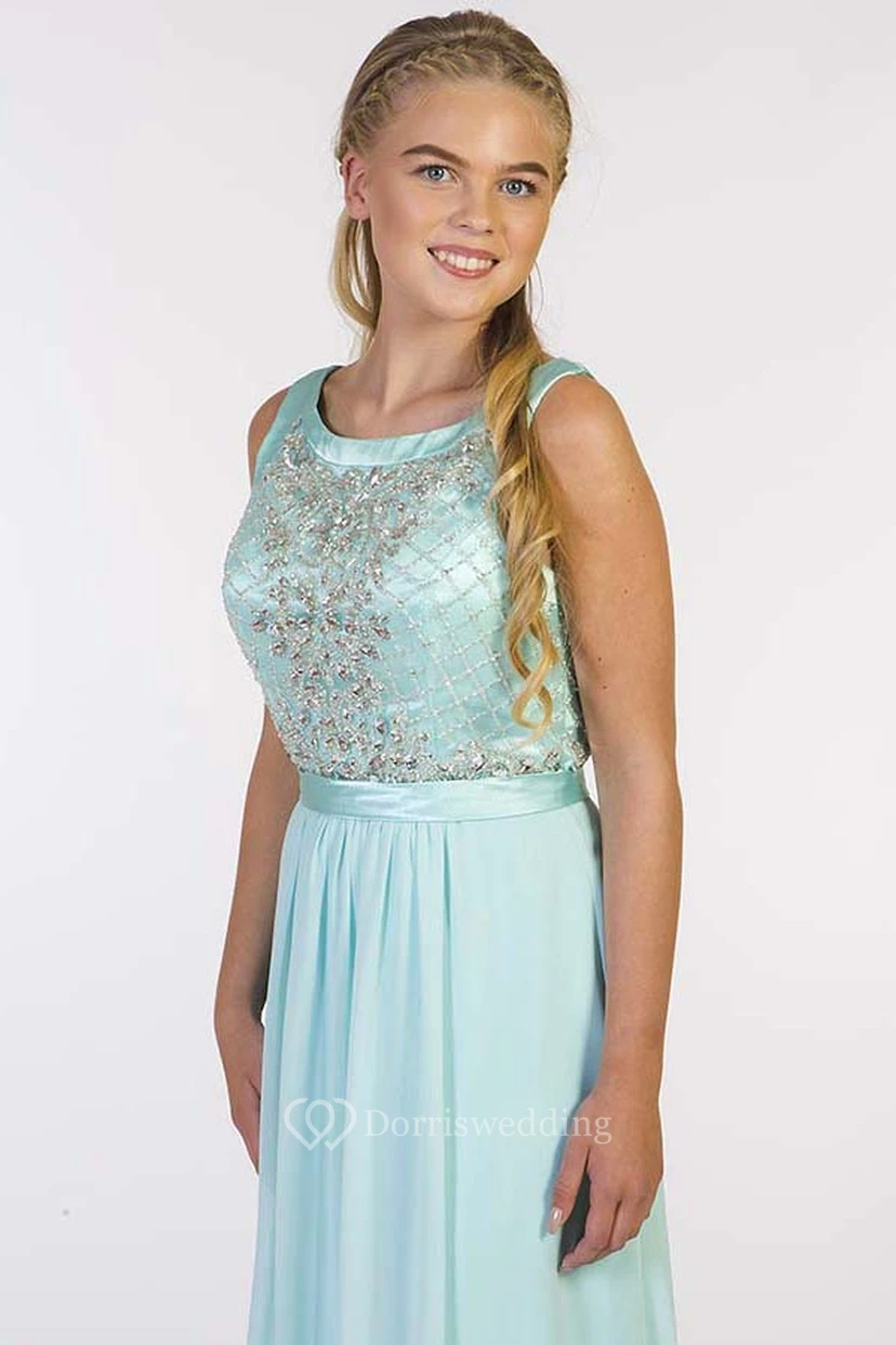Sheath Long Beaded Scoop-Neck Sleeveless Chiffon Prom Dress view 3
