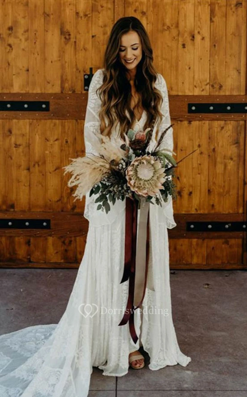 Bohemian Bell Loneg-sleeve Boho Wedding Dress | Vintage Lace Hippie Casual Bridal Gown with Sleeeves view 3