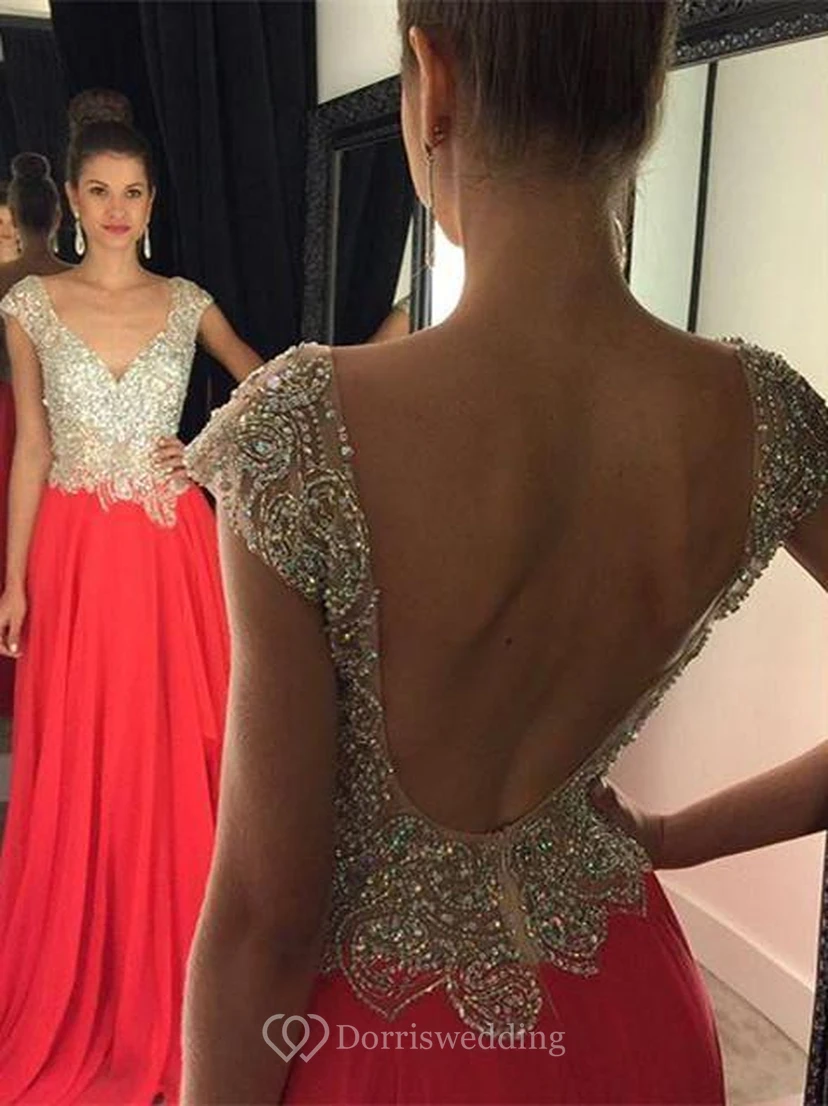 Gorgeous Crystal Open Back Evening Dress Cap Sleeve Long Chiffon Prom Gown