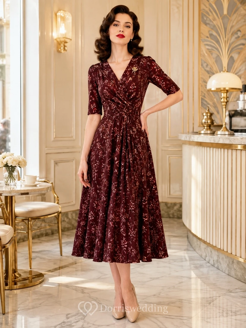 Burgundy Floral Chiffon V-neck Three-quarter Sleeve Vintage Tea Dress