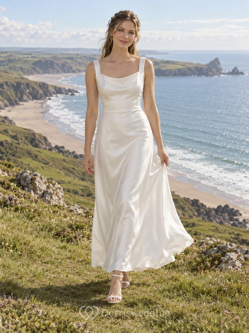 Vestido de novia sencillo para la playa, corte recto, escote cuadrado, sin mangas, largo hasta los tobillos, tirantes anchos, espalda escotada.