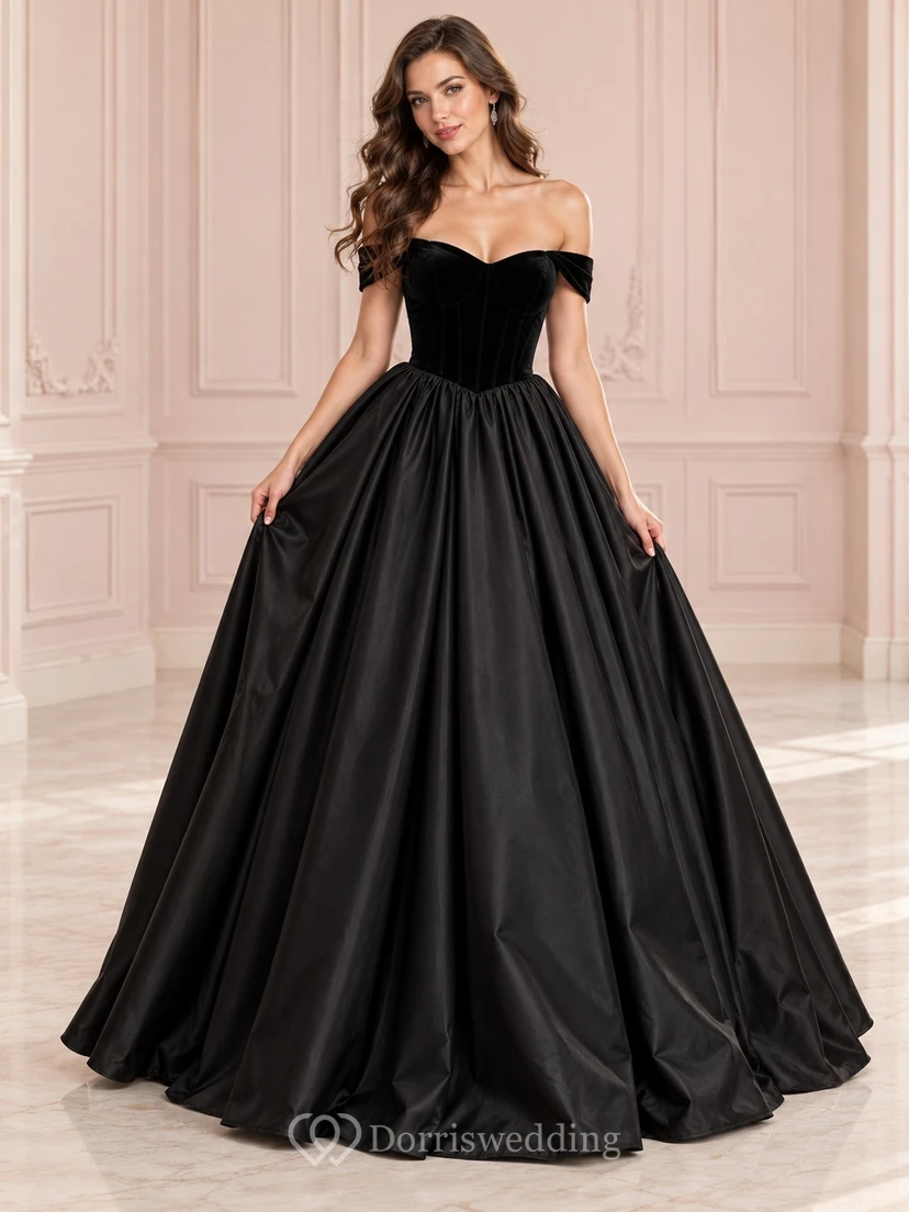 Black Off Shoulder Sweetheart Velvet Satin Ball Gown Evening Dress