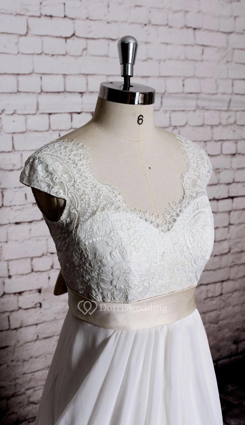 Langes Chiffonkleid in A-Linie mit kurzen Ärmeln, V-Ausschnitt und Satinband view 3