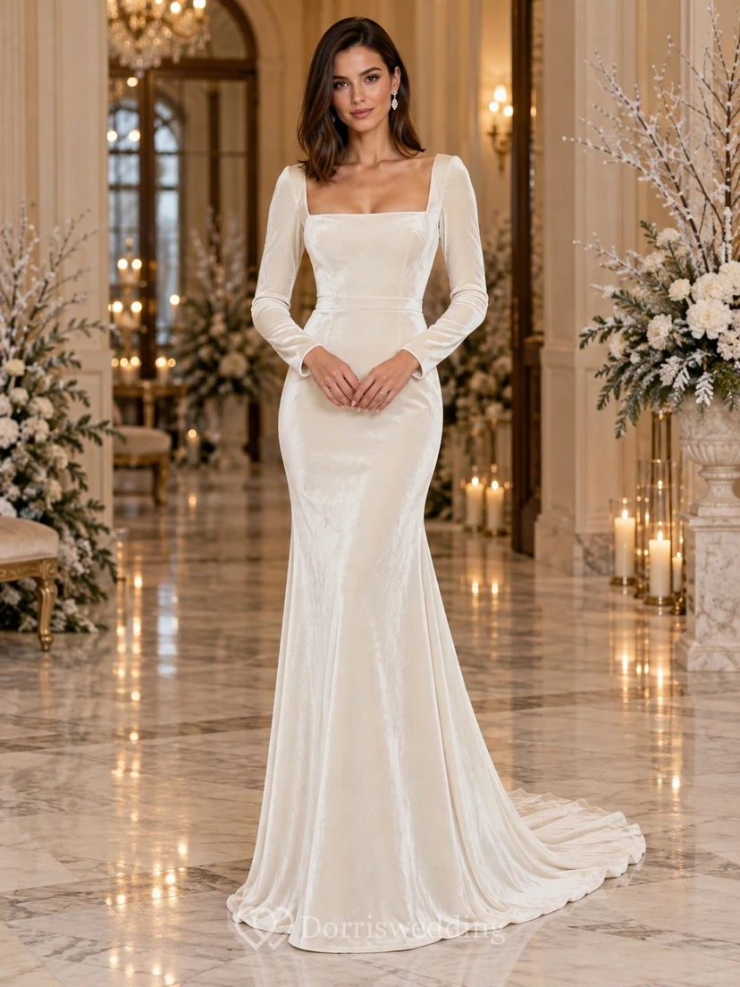 Vestido de novia de terciopelo con escote cuadrado, manga larga y cola larga, estilo sirena.