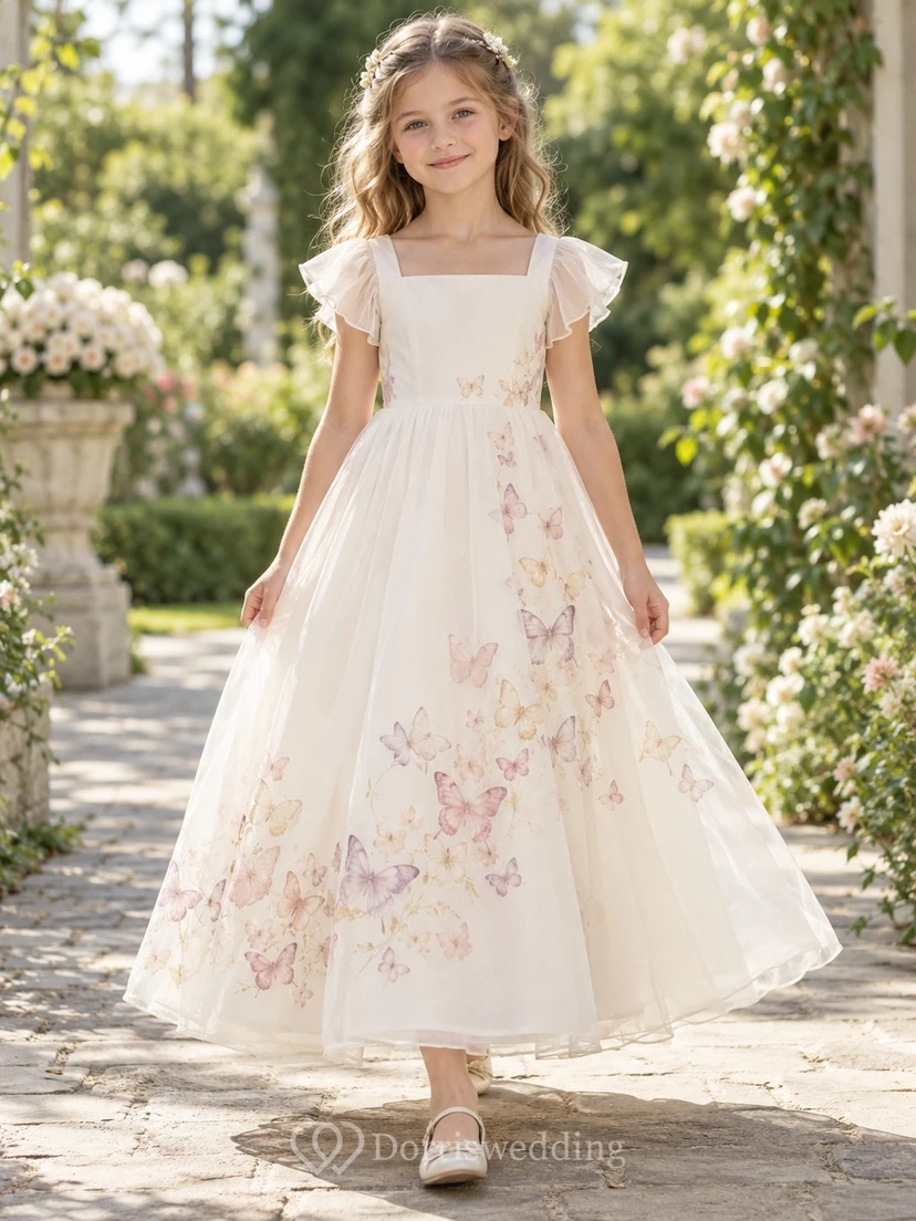 Square Neck Ivory Butterfly Print Flutter Sleeve Organza A-line Flower Girl Dress