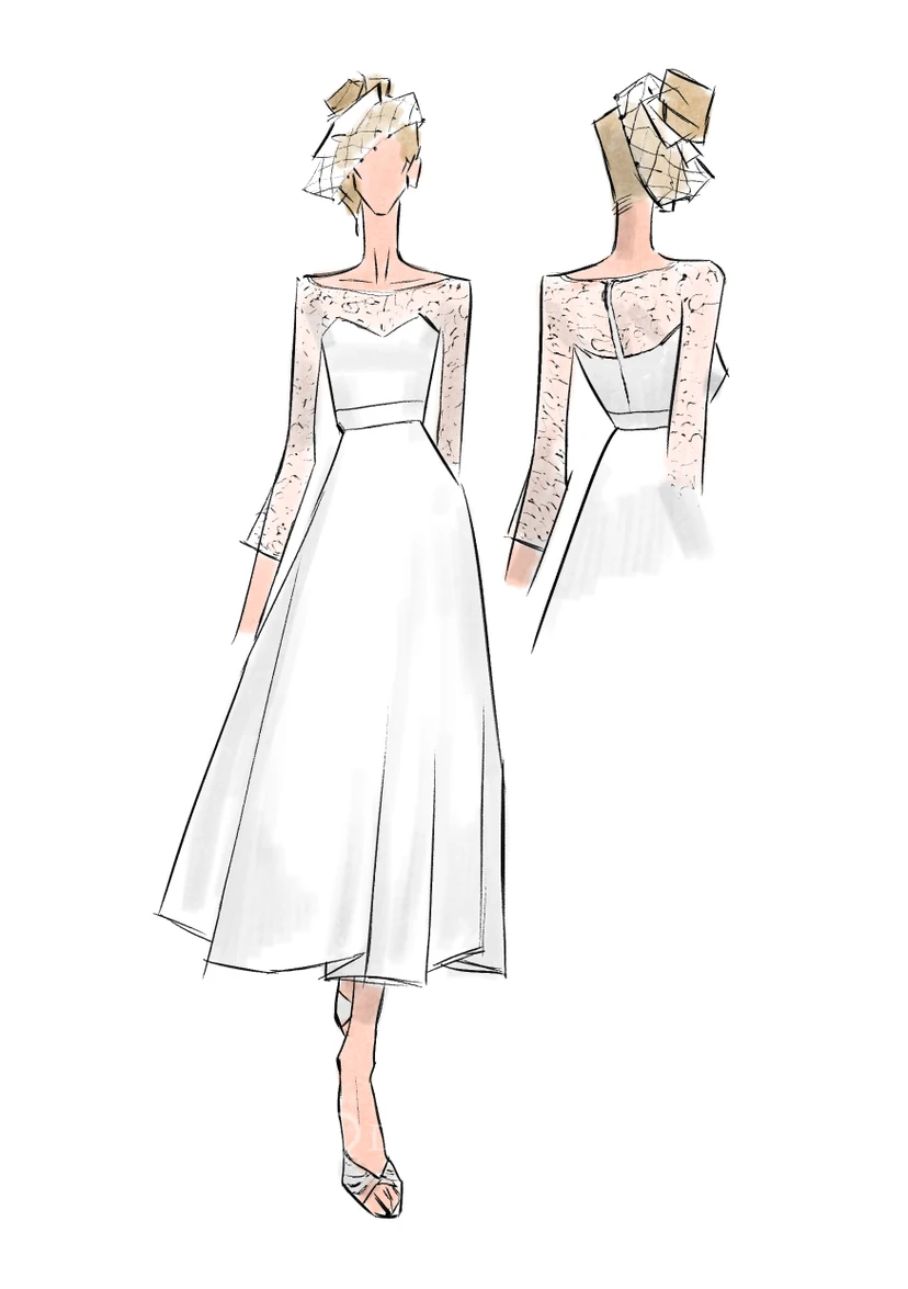 Robe de mariée courte style vintage grande taille, décolleté rond, manches 3-4, dentelle, longueur thé. view 3