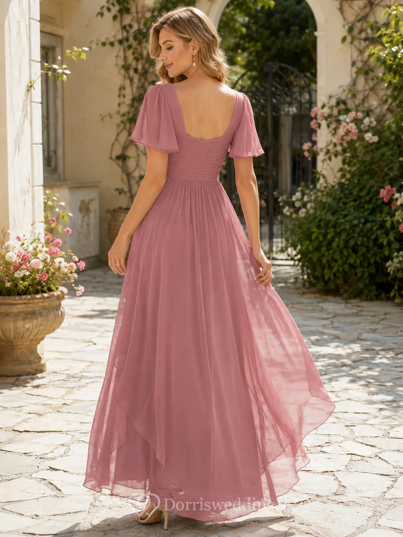 Brautjungfernkleid in Altrosa mit herzförmigem Herzausschnitt, flatternden Ärmeln, Chiffon, Falten und tiefem Rückenausschnitt view 2