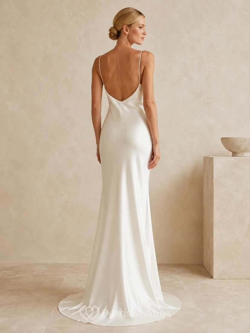 Vestido de novia sencillo moderno de satén blanco con escote drapeado view 2