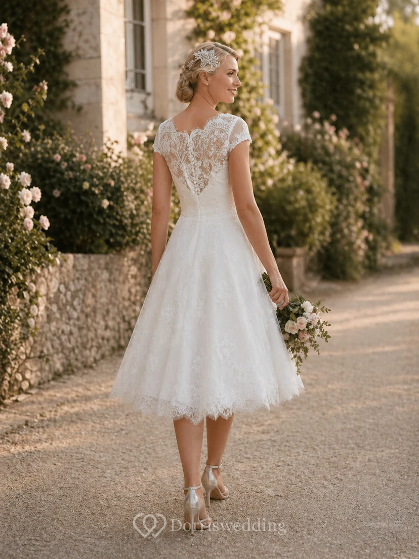 A-Line Mini Jewel V-Neck Bell Cap Appliques Zipper Lace-Up Back Lace Dress view 2