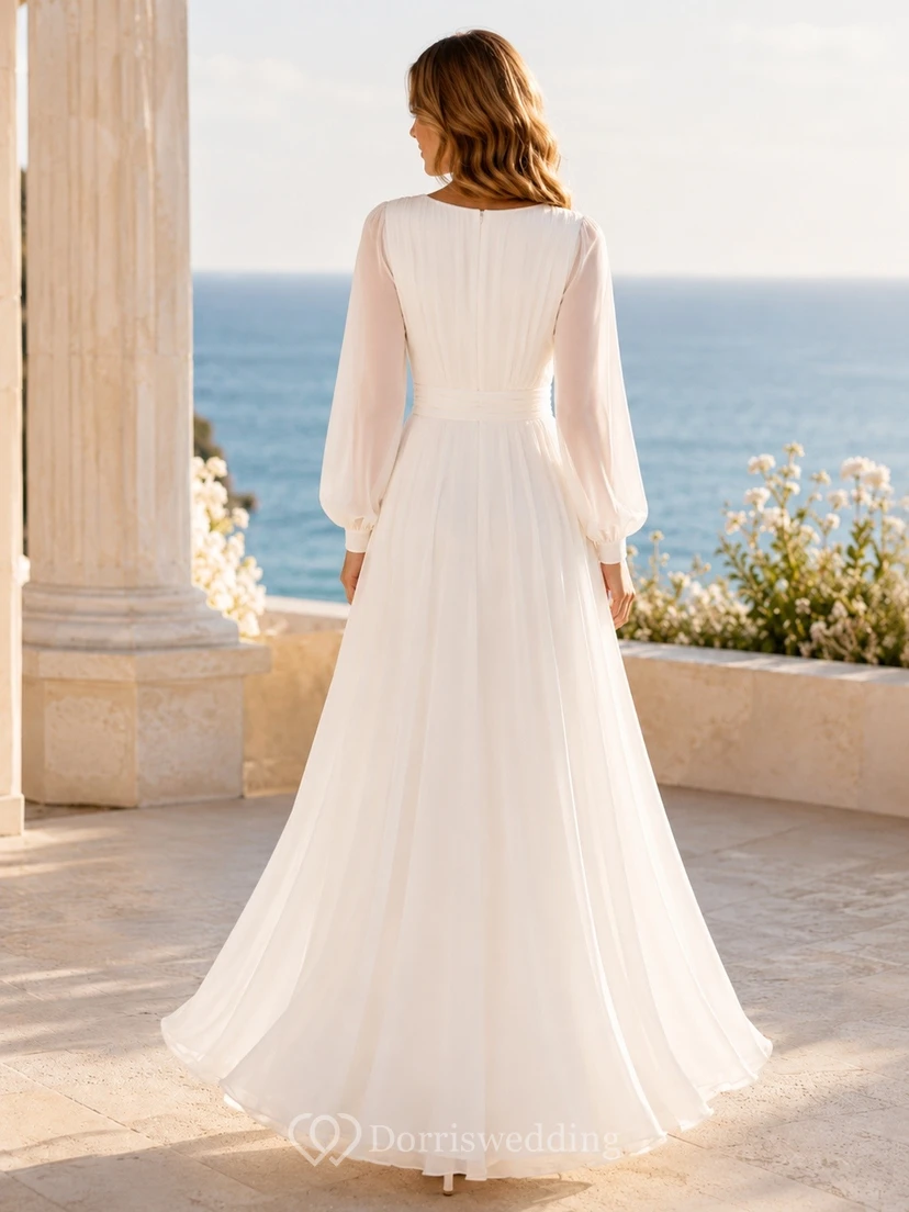 Long Sleeve V-Neck Chiffon A-Line Beach Wedding Dress view 2