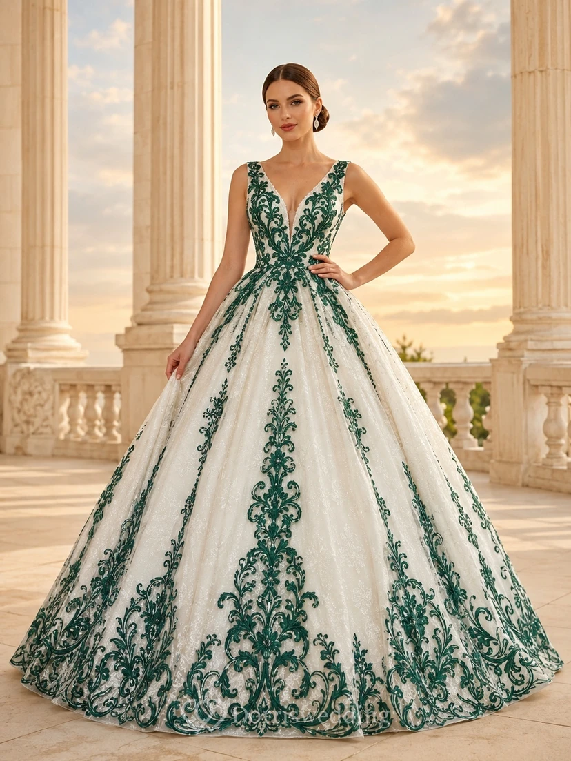 Emerald Ornate Bridal Ball Gown V-neck Sleeveless Cathedral Train Luxury Elegant Gown