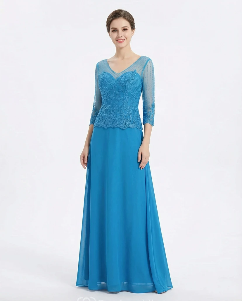 Illusion Sleeve V-Neck Chiffon Mother Gown