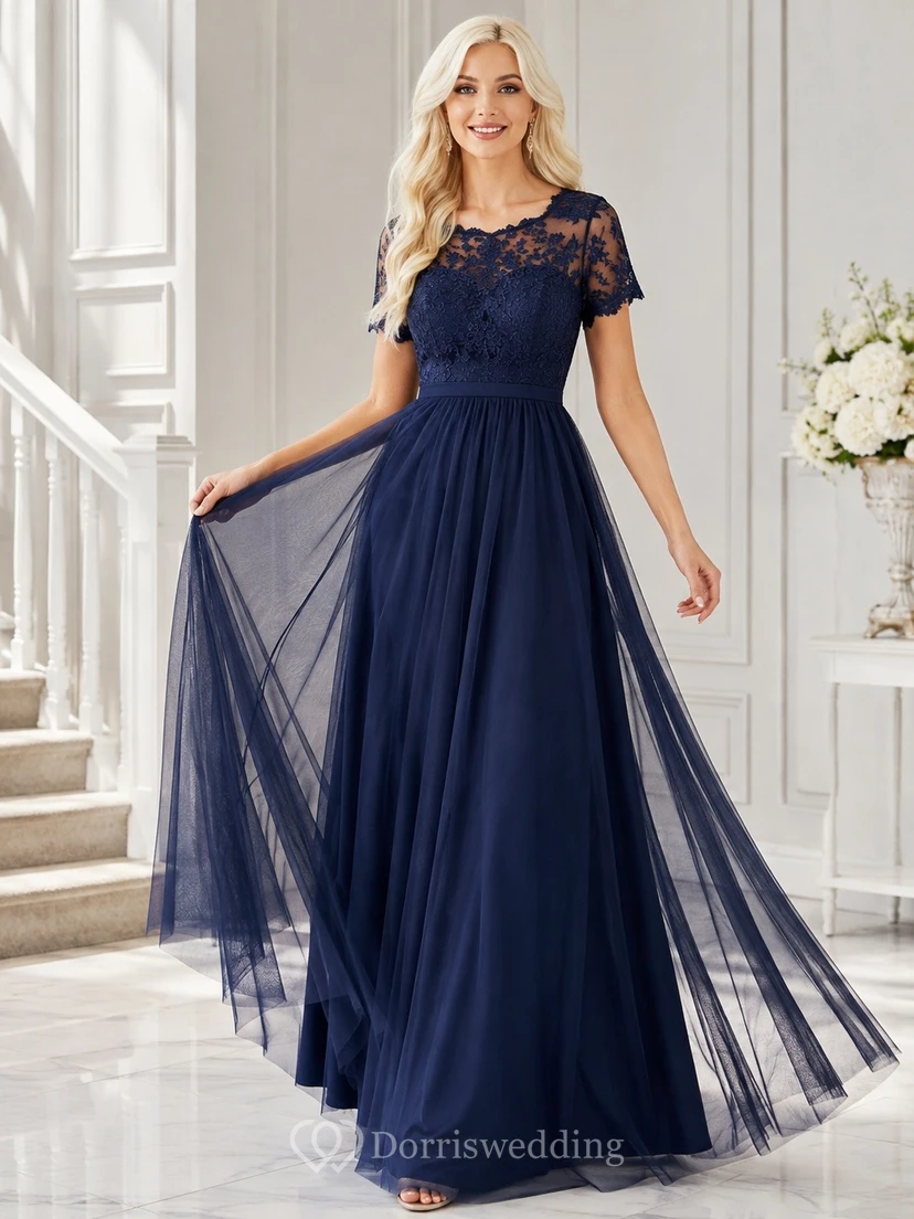 Navy Lace Illusion Cap Sleeve A-line Floor-length Evening Dress