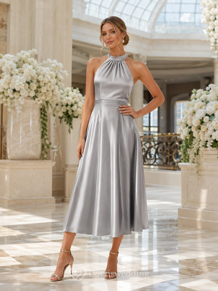 Silver Halter Neck Backless Satin A Line Tea Guest Dress