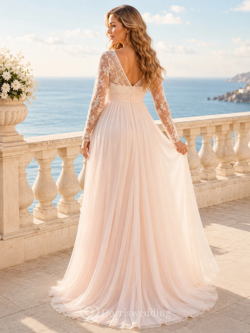 Ethereal Maternity V Neck Long Lace Sleeve Chiffon Empire Sweep Wedding Dress view 2