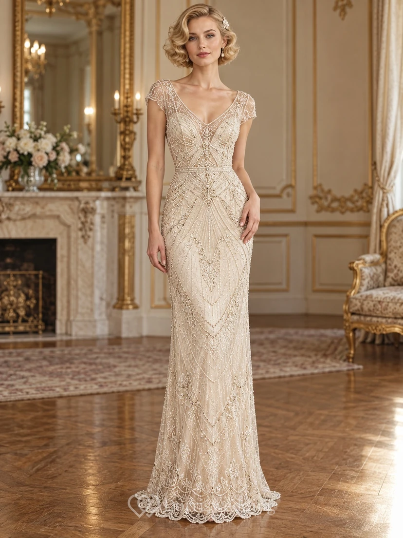 Vintage V-neck Beaded Cap Sleeve Geometric Sheath Wedding Dress